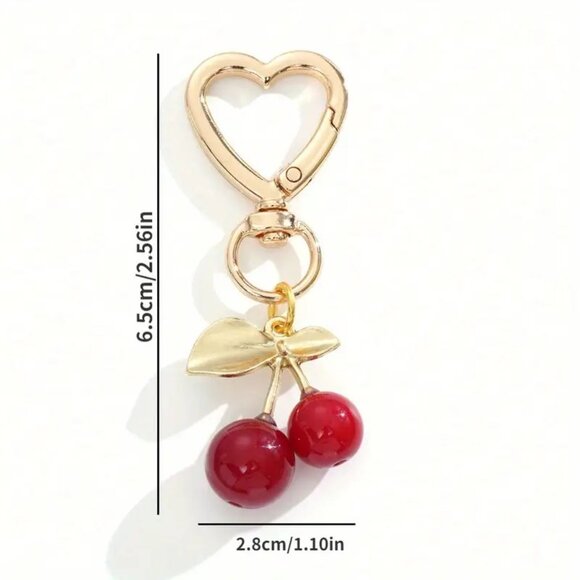 Cherry Bag Charm Keychain Purse Trendy Stylish Glam Bomb Y2K Fruit Gold Heart - Picture 3 of 3